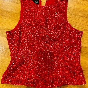 Laurence Kazar Red Sequin Mock Neck Tank Top